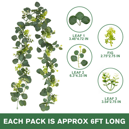 Merryhome 2Pcs 6Ft Artificial Eucalyptus Garland,Spring Garlands,Faux Eucalyptus Leaves Greenery Garland Vines for Table Wedding Centerpiece Arch Mantle Party Indoor Outdoor Decor,Green