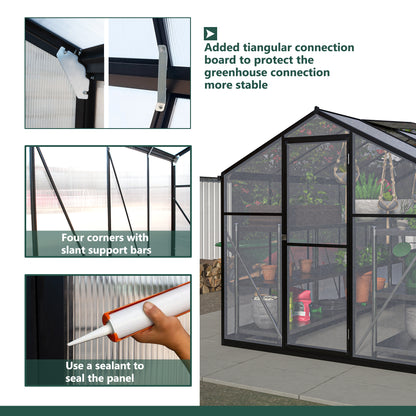 6'x10' Outdoor Greenhouse Walk in Polycarbonate Greenhouse Aluminum Plant Patio Grow House Garden Shed Kit with Lockable Hinged Door and 2 Adjustable Vent Window, Black