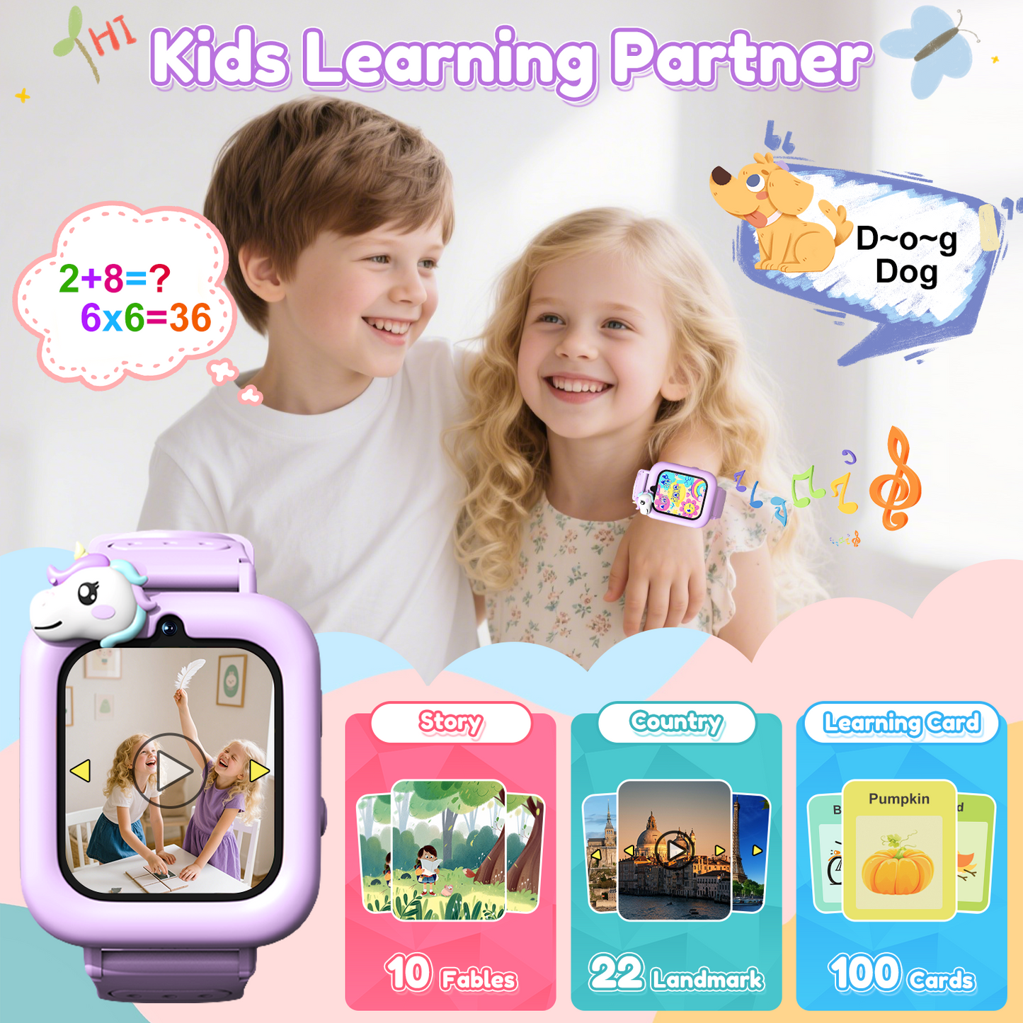 Henotian 1.83" Kids Smart Watch for Girls HD Touch Screen with 39 Educational Games, Camera, Pedometer, Alarm Clock, ABC Learning, Music Player, Birthday Gift for Boys Girls Ages 5-12