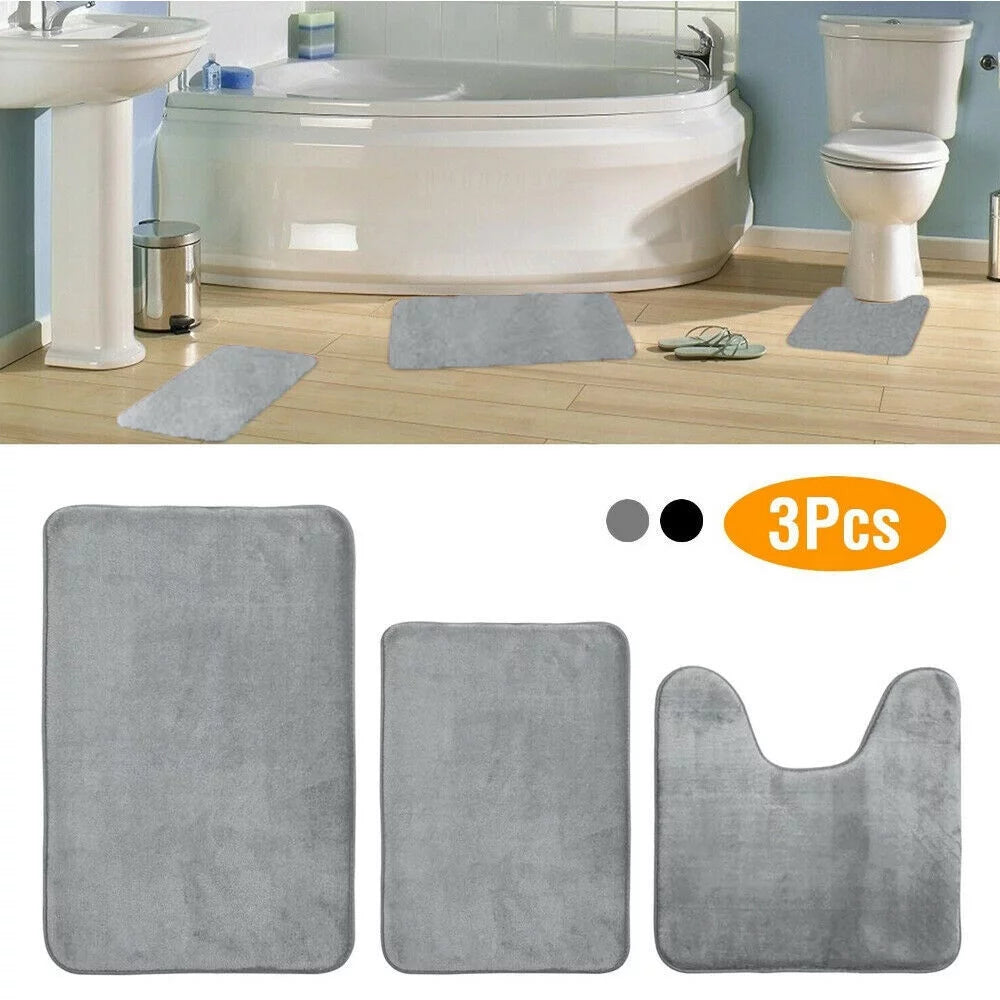 Memory Foam 3 PC Bathroom Rug Absorbent Bath Mat Set Small Large and Contour Rug