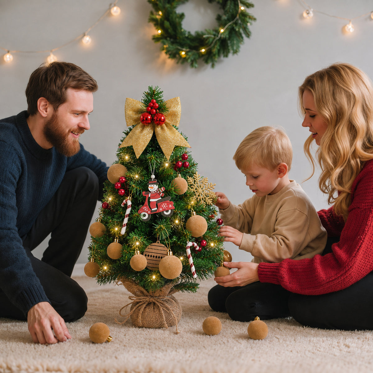 Tabletop Christmas Trees, 18 Inch Mini Xmas Tree with LED String Lights for Indoor Holiday DIY Decor Khaki
