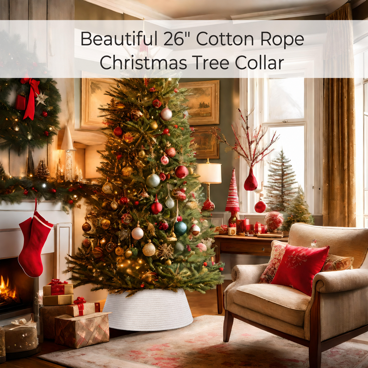 PUCACHI 26in Christmas Tree Collar,Cotton Rope Christmas Tree Ring,Farmhouse Christmas Tree Base Cover,Christmas Tree Skirt for Christmas Tree Decorations