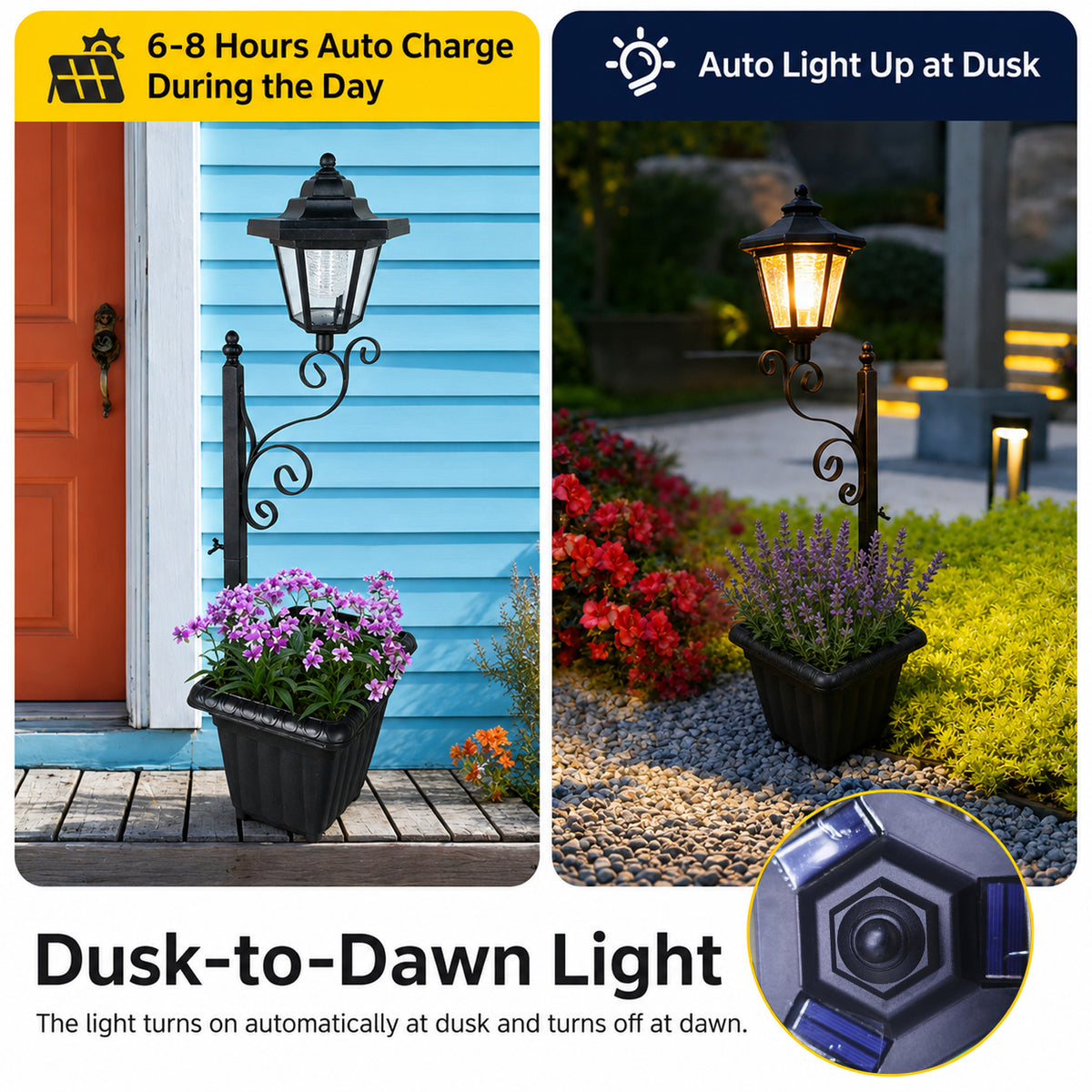 Merryhome 2Pack Solar Lamp Post with Planter,Solar Planter Lights with Ground Stake,IP44 Waterproof Warm White Light,Dusk-to-Dawn Lighting,Decorative Lamp for Lawn Patio Deck Front/Back Door