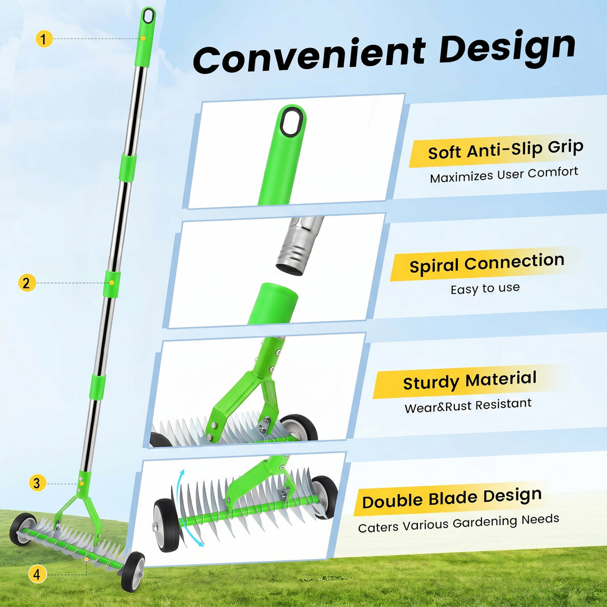 Merryhome Thatch Rake with Wheels,37-65.35'' Adjustable Dethatching Roller Rake,Adjustable 0-12° Angle Stainless Steel Blades Heavy Duty Dethatcher,21 Tines Garden Rake for Moss,Grass,Leaves,Debris(Green)