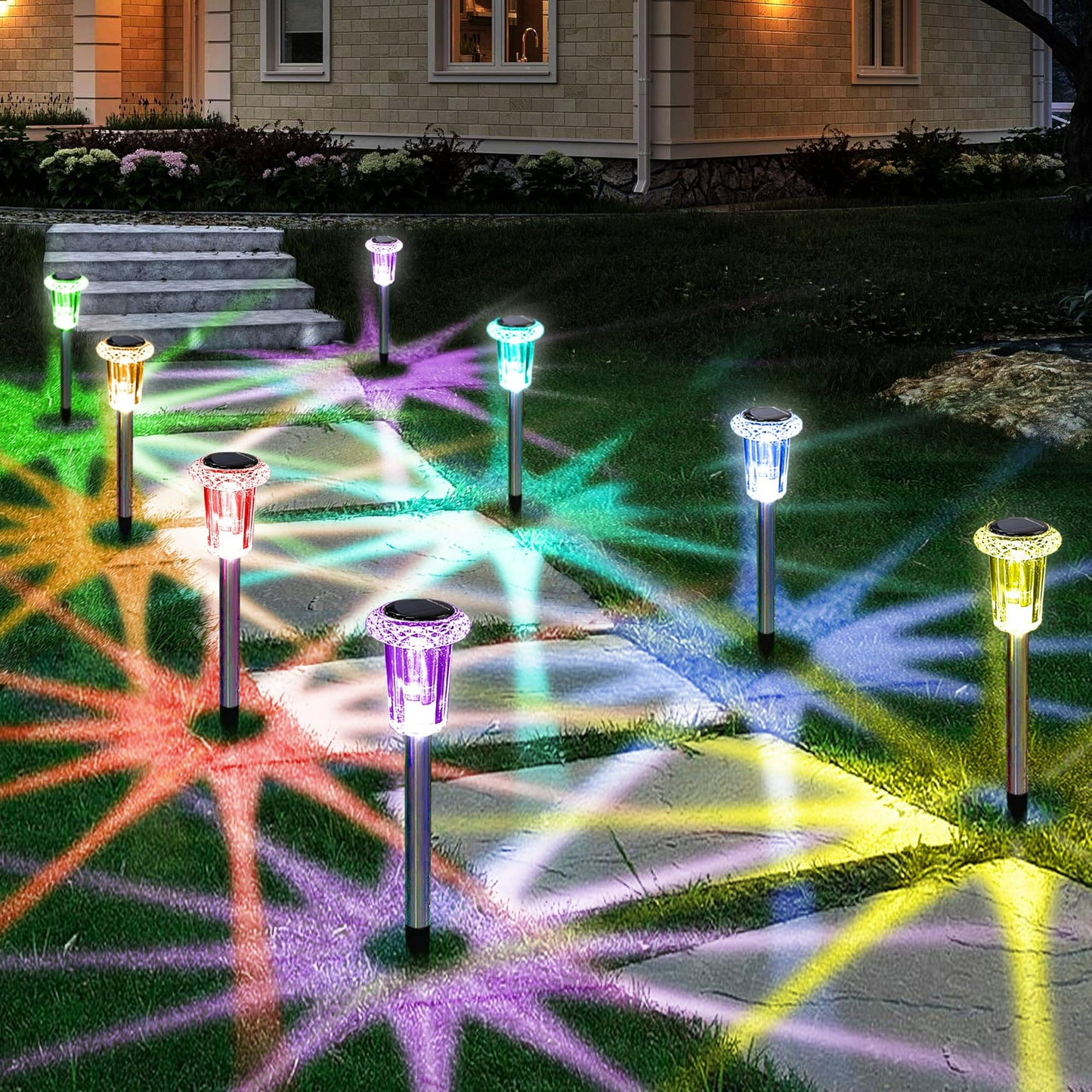 10 Pack Outdoor Solar Lights Solar Path Lights LED Waterproof Stainless Steel Driveway Lighting for Outdoor, Yard, Walkway, Sidewalk, Garden, Lawn (Colorful)