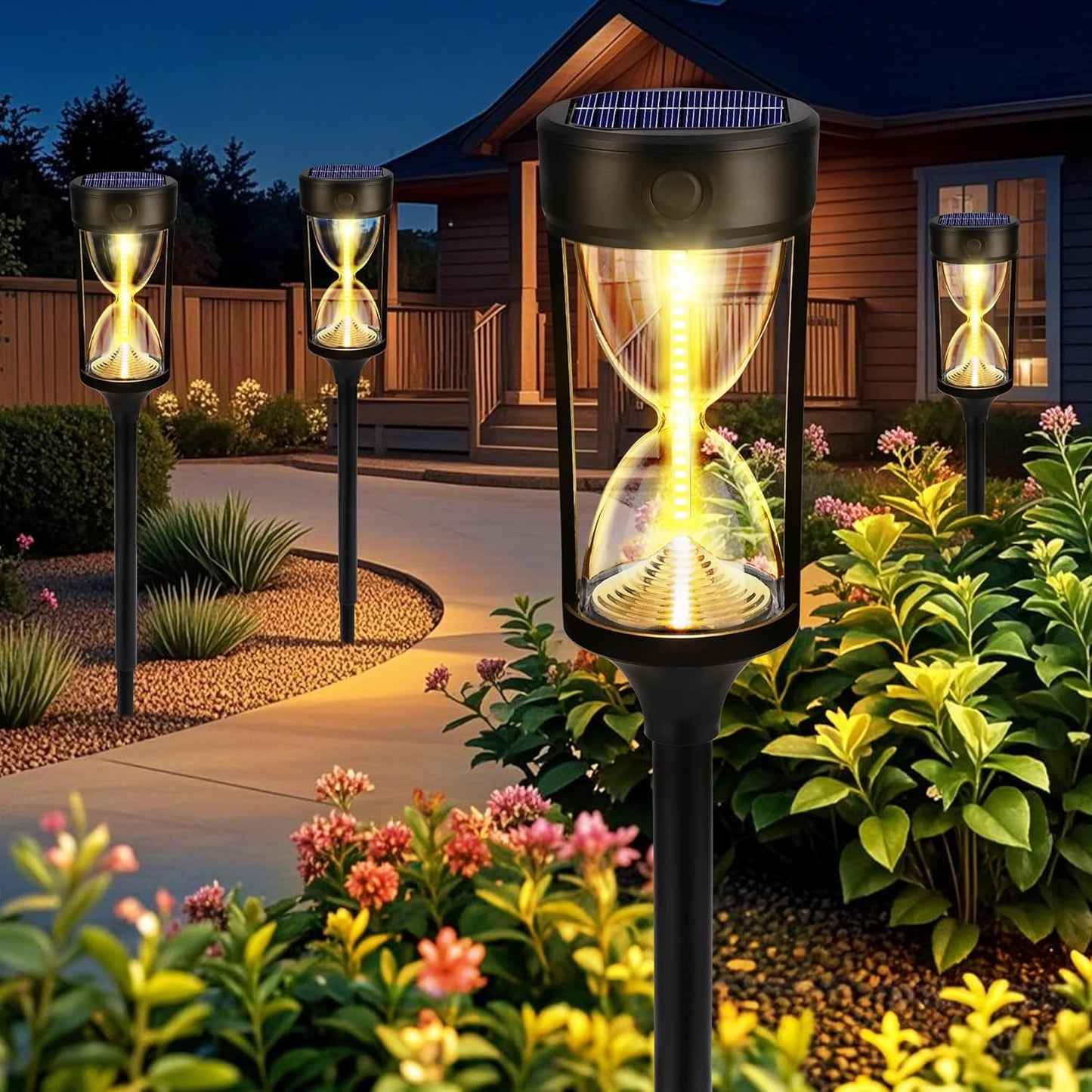 Kidsjoy 4 Pack Solar Pathway Lights Outdoor, Hourglass Design Solar Lights Waterproof, Auto On/Off Warm LED Garden Lights for Walkway, Yard, Patio, Lawn Decor