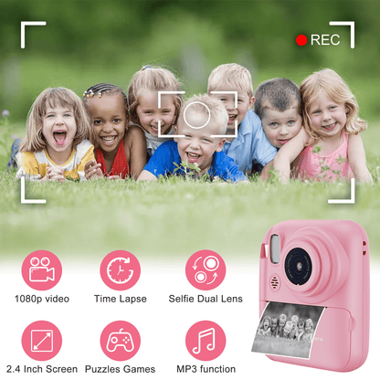 Kids Camera,Toddler Camera Instant Print Toys,1080P Children Printable Camera,Pink Selfie Camera Christmas Birthday Gifts for Girls Boys Age 3-10 with 3 Roller Photo Paper (Pink)