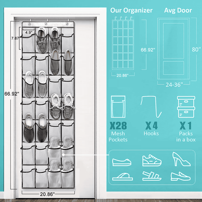 SPORTS JOY Over The Door Shoe Organizer, 28 Mesh Pockets, Holds Up to 50 lbs, Anti-scratch Heavy-duty Hooks, Shoe Storage (White)