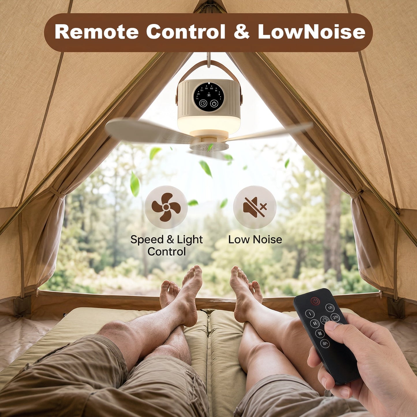 Camping Fan with Light, 7200mAh Rechargeable Fan with Remote, 4 Speed Timer LED Lantern for Camping Travel Emergency, Khaki