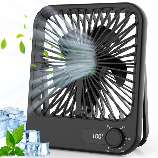 WHATOOK USB Desk Fan Portable Fan Rechargeable 2000mAh Personal Fan, Silent Small Table Fan Travel Fan for Sleeping with Display & 100-Speed, Desktop Fan for Bedroom Office Camping- Black