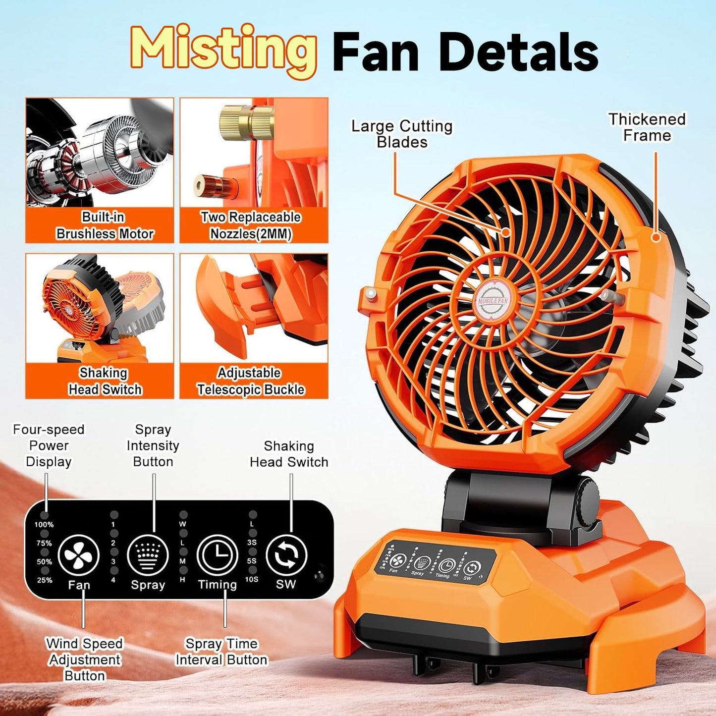 Portable Misting Fan - 30000mAh Battery Powered, 4-Speed Cooling Fan with Adjustable Spray, 120° Oscillation for Camping, Patio, Adjustable Base for 10-13in Water Tank(No Bucket Included)