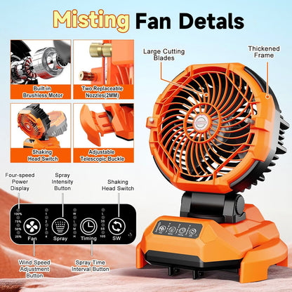 Portable Misting Fan - 30000mAh Battery Powered, 4-Speed Cooling Fan with Adjustable Spray, 120° Oscillation for Camping, Patio, Adjustable Base for 10-13in Water Tank(No Bucket Included)