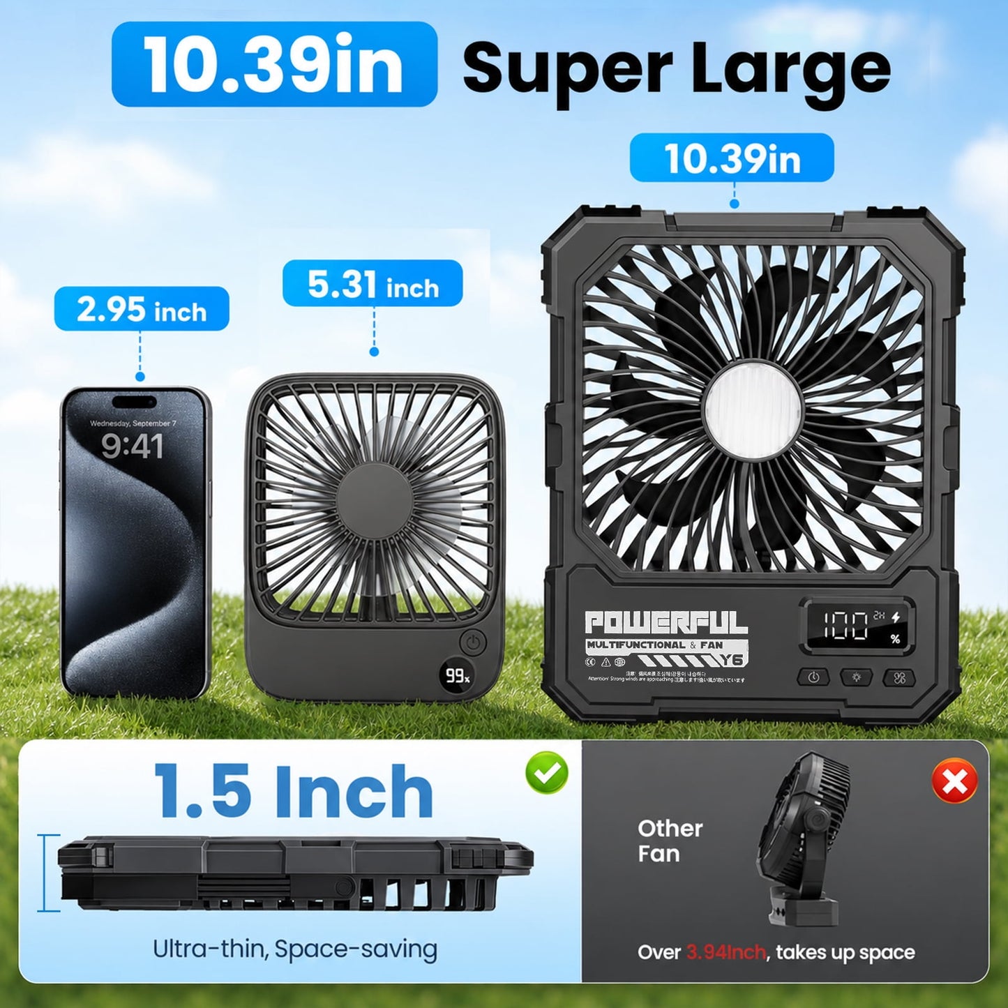 Portable Fan, Camping Fan, 20000mAh 18-85H Rechargeable Ultra Thin Foldable with Built-in Power Bank, Hook for Outdoor Camping Tent RV Travel (Black)