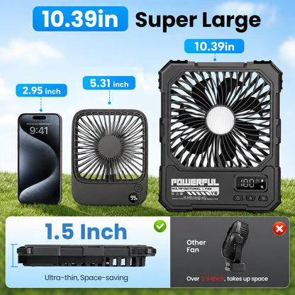 Portable Fan, Camping Fan, 20000mAh 18-85H Rechargeable Ultra Thin Foldable with Built-in Power Bank, Hook for Outdoor Camping Tent RV Travel (Black)