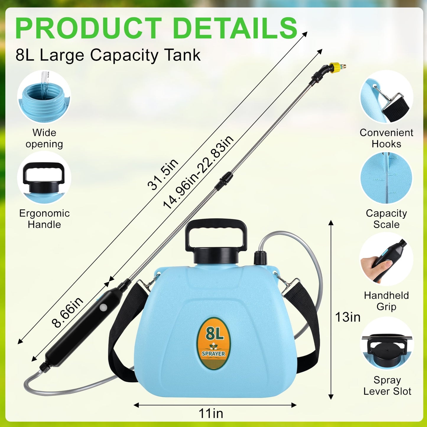 Merryhome Battery Powered Sprayer, 2.1 Gallon/8L Electric Sprayer with 3 Mist Nozzles, USB Rechargeable Handle, Retractable Wand & Adjustable Strap for Lawn, Garden, Yard and Weed Control
