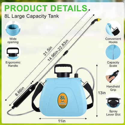 Merryhome Battery Powered Sprayer, 2.1 Gallon/8L Electric Sprayer with 3 Mist Nozzles, USB Rechargeable Handle, Retractable Wand & Adjustable Strap for Lawn, Garden, Yard and Weed Control