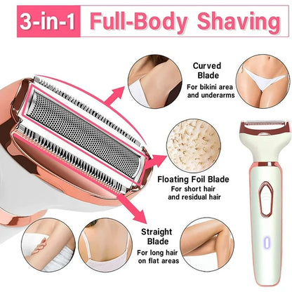 4 in 1 Women Electric Shaver Rechargeable Waterproof Razor Painless Epilator Body Hair Remover Nose Hair Beard Bikini Trimmer Eyebrow Face Facial Armpit Legs Removal Clipper Lady Grooming Groomer Kit