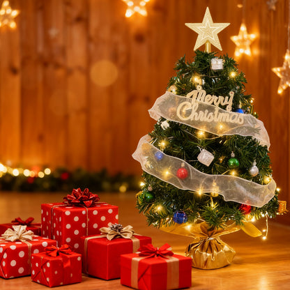 Mini Tabletop Christmas Tree Kit with LED Lights, Ornaments, Gift Boxes & Star Topper – Battery Operated Holiday Decor for Home & Office