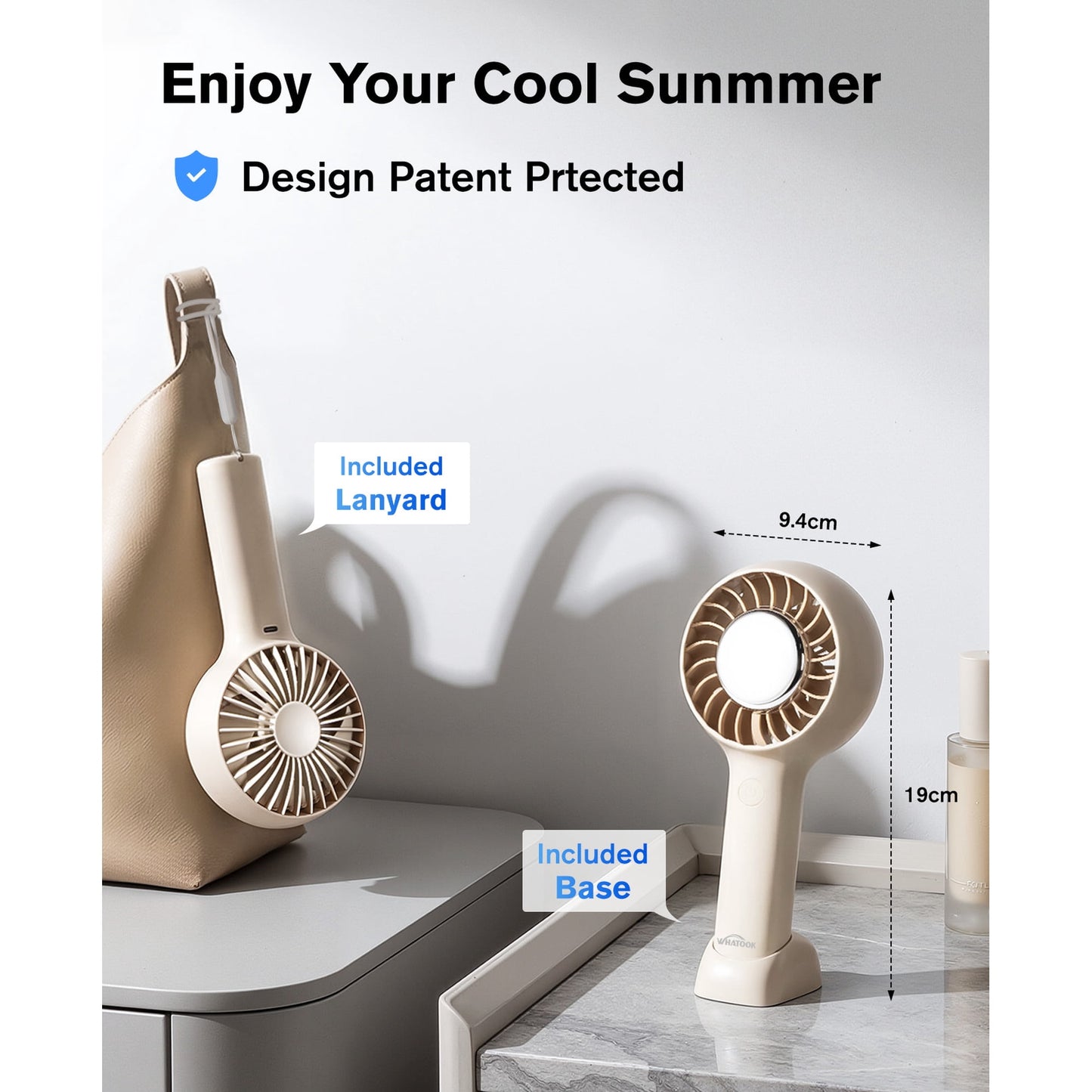 Handheld Fan, 3000mAh Rechargeable Personal Fan with LED Display, 5-Speed Turbo Wind, Portable Desk Fan with Base and Lanyard for Travel,Beach,Office