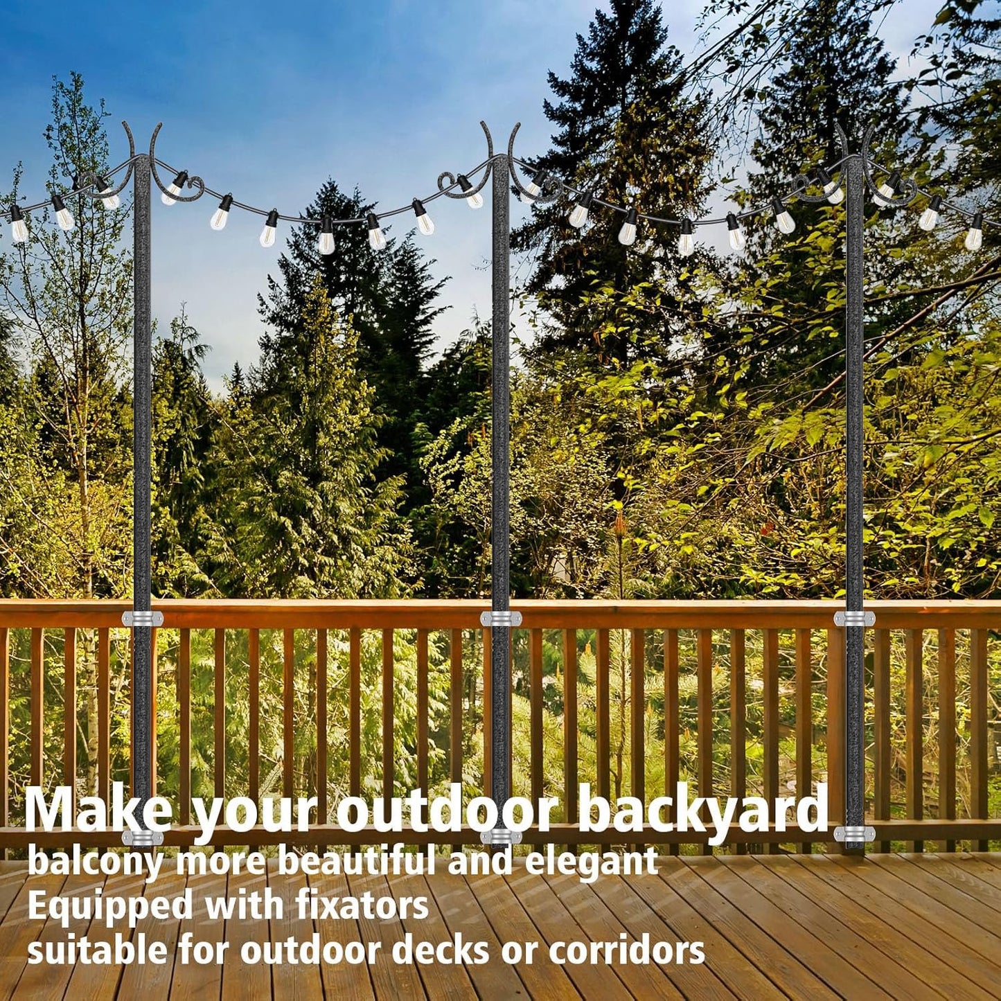 10-foot Outdoor Light Pole (2-Pack) - with Fork Bracket for String Lights, Patio and Deck, Weather Resistant and Height Adjustable - Easy to Install