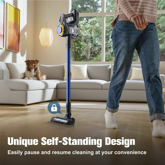 Cordless Vacuum Cleaner, 50mins Runtime, Powerful Stick Vacuum 6*2600mah Rechargeable Cordless Vacuum for Carpet, Tile, Pet Hair, Hardwood Floors, Blue