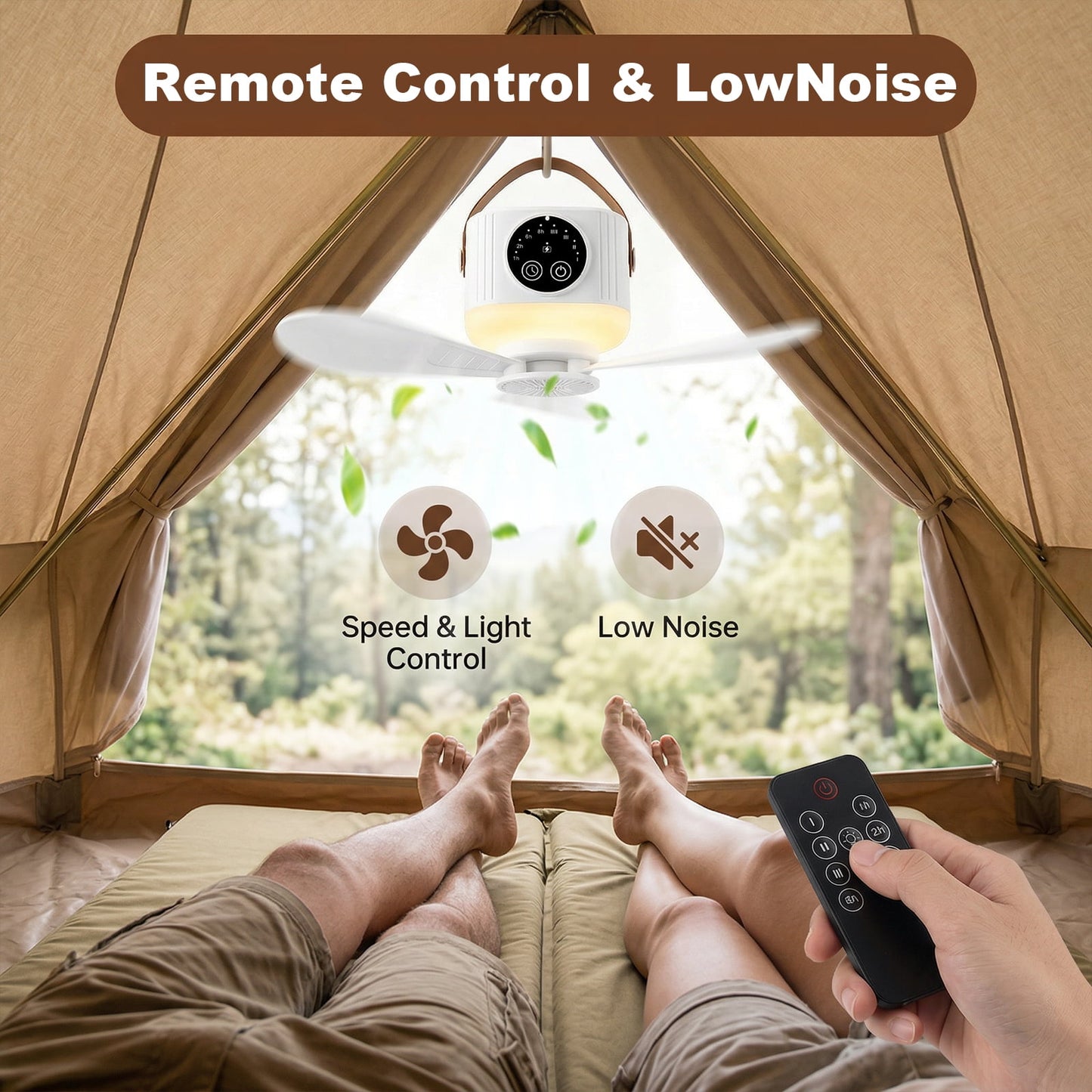 Merryhome Camping Fan with Light, 7200mAh Rechargeable Tent Fan with Remote, 4 Speeds, Timer and LED Lantern for Camping, Travel and Emergency, White