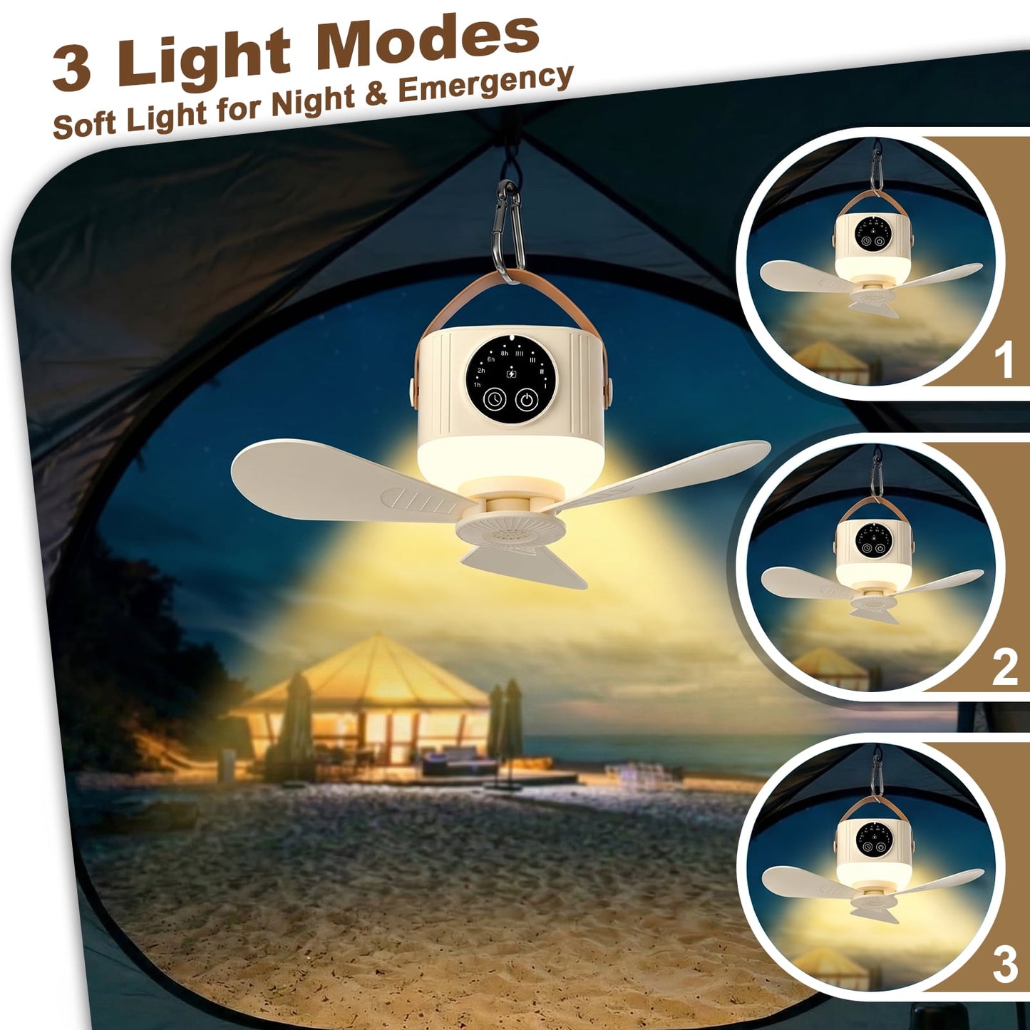 Camping Fan with Light, 7200mAh Rechargeable Fan with Remote, 4 Speed Timer LED Lantern for Camping Travel Emergency, Khaki