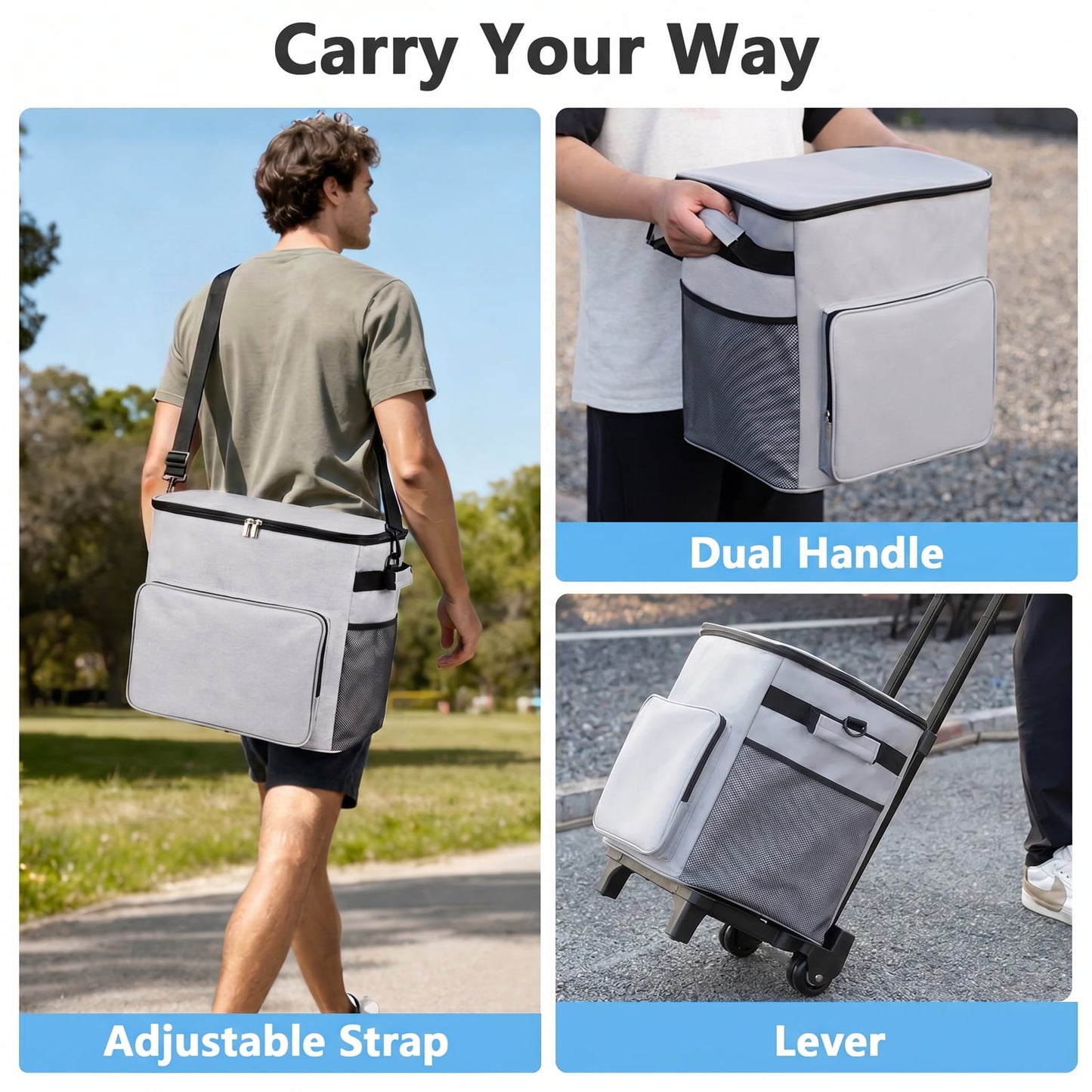 Merryhome Cooler with Wheels, 60-Can 40 Qt Rolling Cart Soft Cooler Bag, Foldable Leak-Proof Cold Retention Cooler for Camping, Beach, Grocery