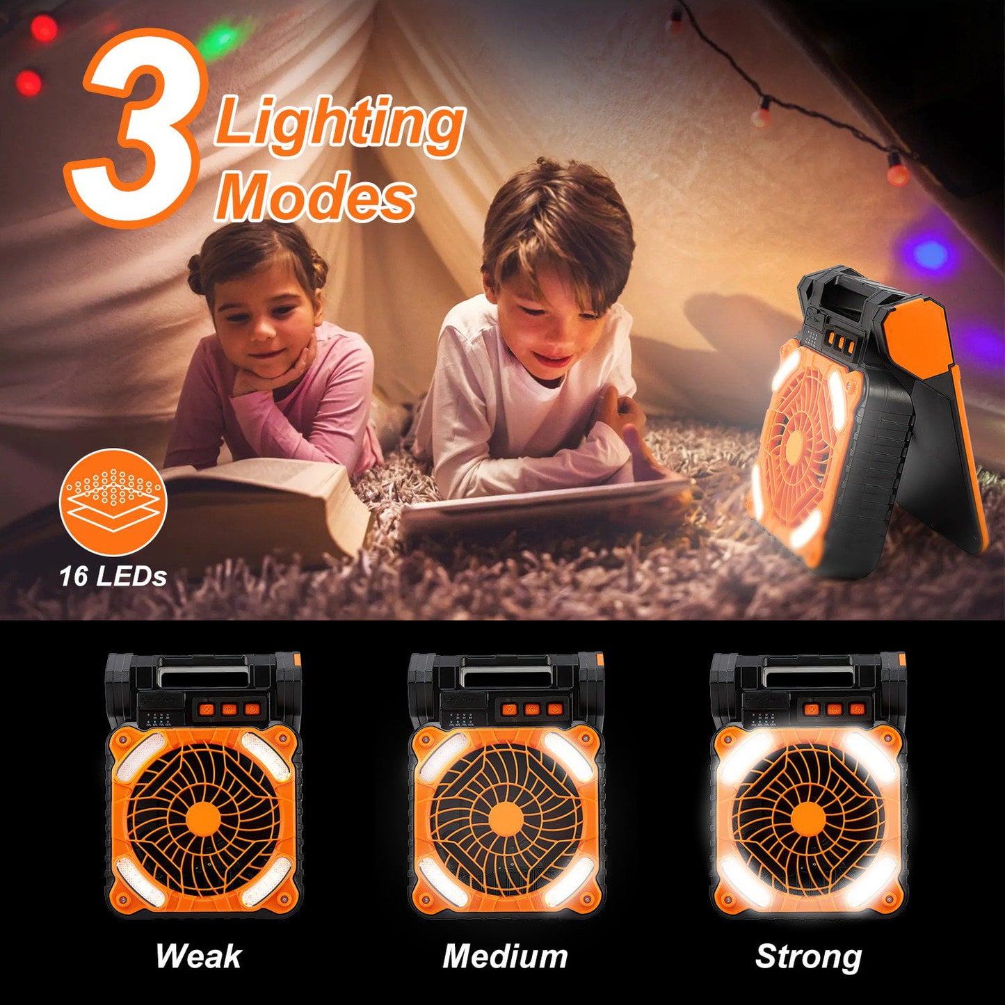 10400mAh Solar Camping Fan with Light,Camping Fan with Solar Panel,3 Timer Settings & 4 Speeds USB Rechargeable Solar Powered Fan for Camping Fishing Travel Hurricane Power Outage（Orange）