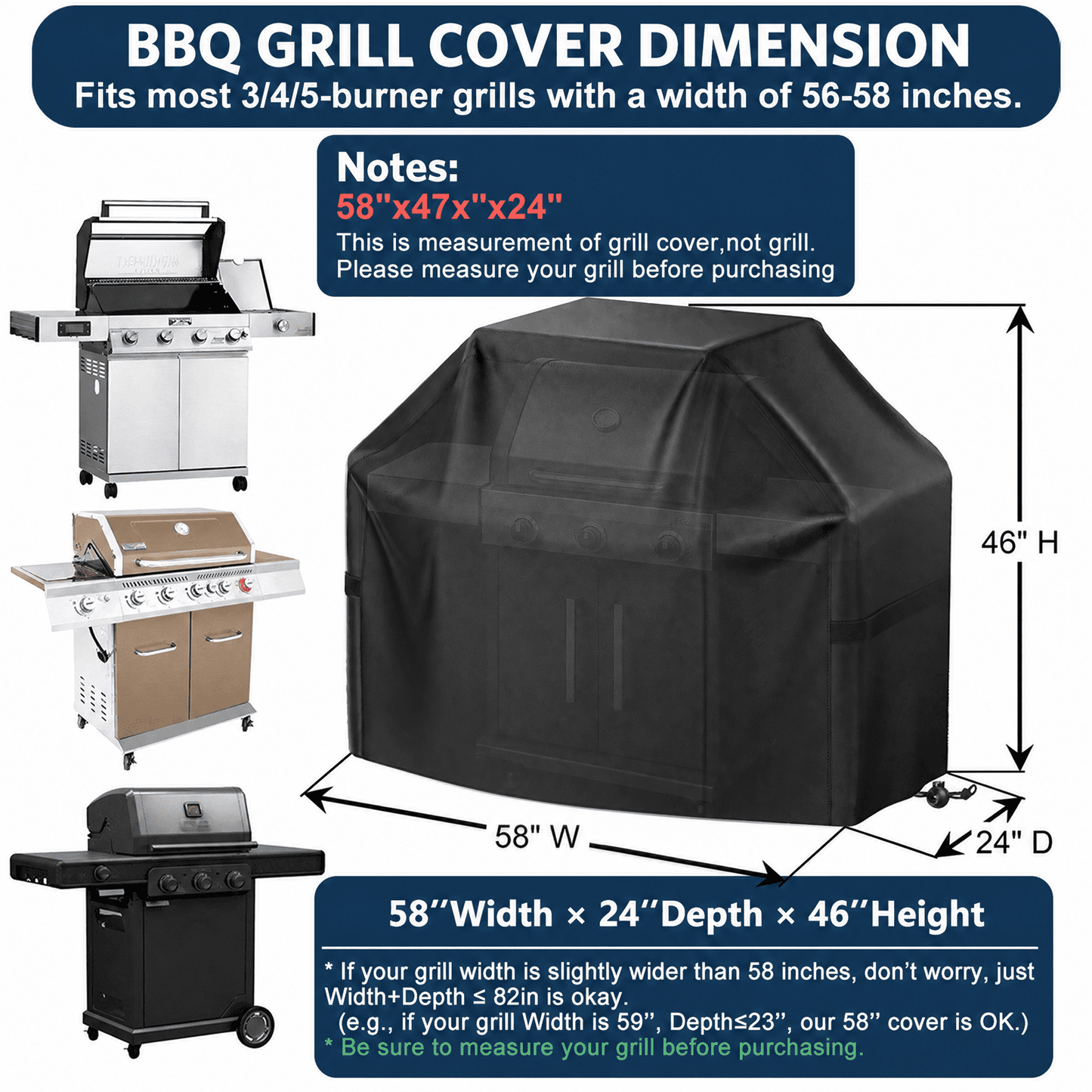 Merryhome 58 in BBQ Grill Cover, 420D Heavy Duty Waterproof Gas Grill Cover for Outdoor Grill, UV, Fade and Rip Resistant with Adjustable Drawstring