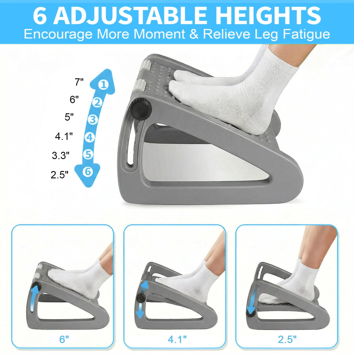 Merryhome Foot Rest Under Desk with 6 Adjustable Heights, Ergonomic Under Desk Footrest with Massage Rollers and Textured Surface for Office, Home and Travel, Gray