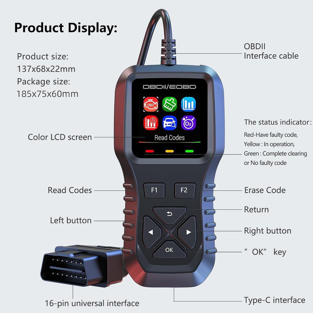 Car OBD2 Scanner,Auto Diagnostic Tool,Car Code Reader for Check Engine Light,Real-Live Data,Freeze Frame with Colorful Screen,Multilingual Plug-and-Play Operationfor All OBDIl & EOBD Vehicles