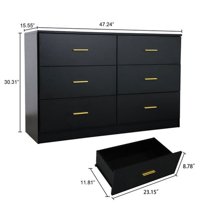 WHATOOK Modern Black 6-Drawer Dresser For Bedroom - Ample Storage Wide Chest Of Drawers, Sturdy & Safe Natural Engineered Wood Furniture Primary Living Space Cabinets