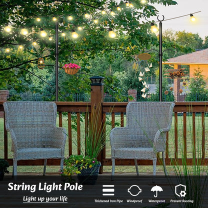 Outdoor String Light Poles: 11.81FT Tall Patio Lighting Stand with Hooks Sturdy Metal Post to Hanging String Lights - for Outside Garden, Backyard, Bistro, BBQ, Parties, Wedding - 2Pack