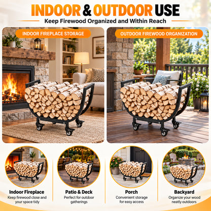 24in Firewood Rack with Wheels, Rustproof Heavy Duty Metal Log Holder, Outdoor Indoor Firewood Storage Organizer for Fireplace Patio Deck Firepit, Black