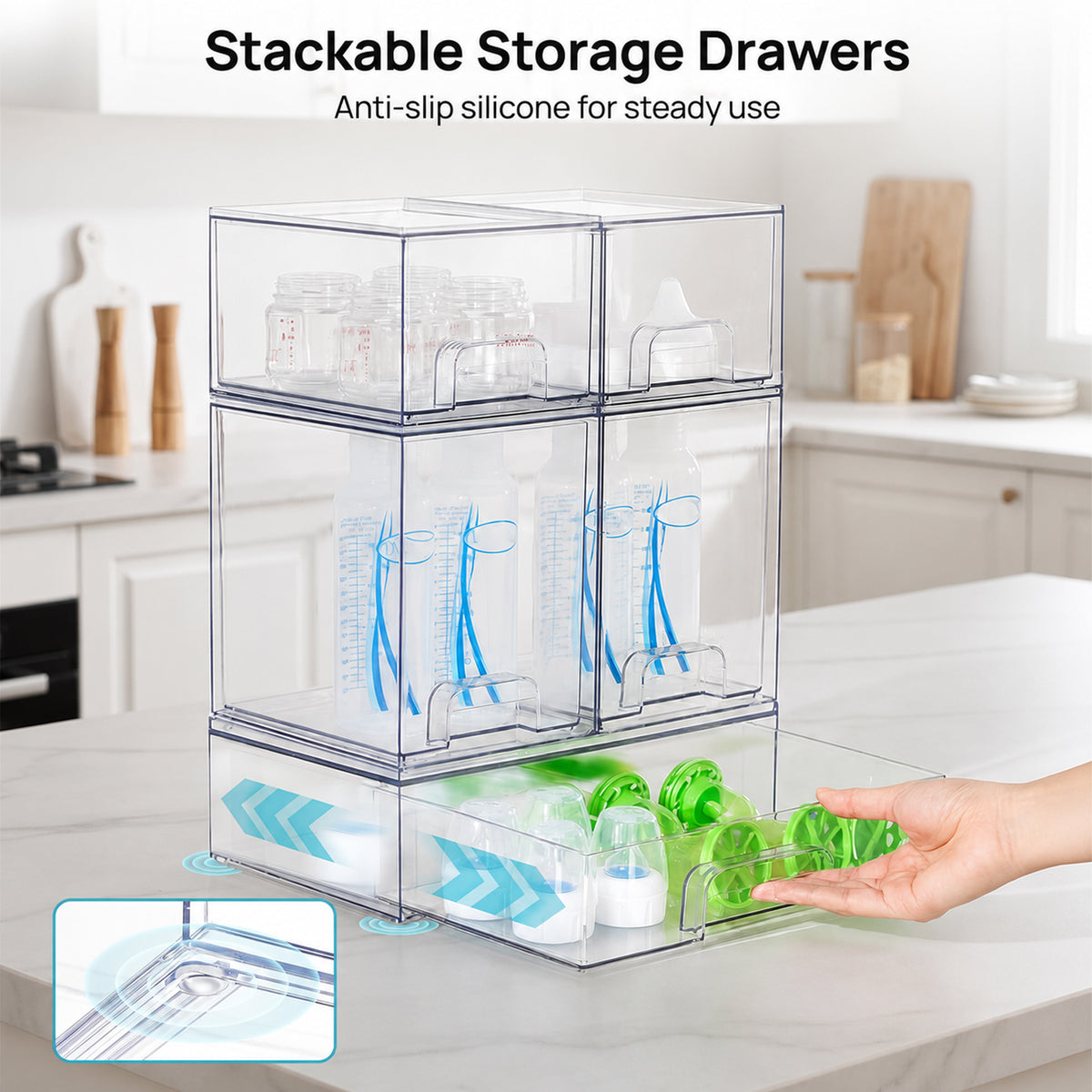 PUCACHI 5Pack Stackable Acrylic Storage Drawers,Acrylic Organizer Bins for Makeup,Cosmetics,Beauty Supplies,Bathroom Organizer Countertop,Bathroom Under Sink Organizers,12x7.5x15.4in