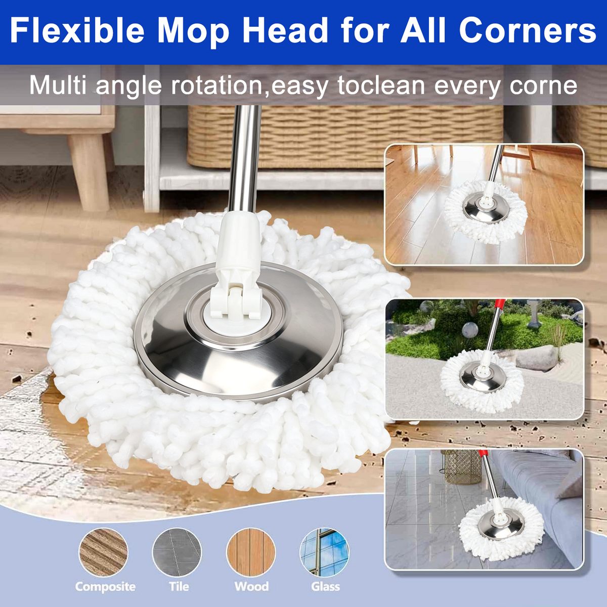 Spin Mop Replacement Handle,47 inch 360°Rotating Telescopic Replacement Mop Stick with 1 Stainless Steel Disc Base - 3 Microfiber Mop Replacement Heads,Suitable for Floors,Walls,Outdoor Areas