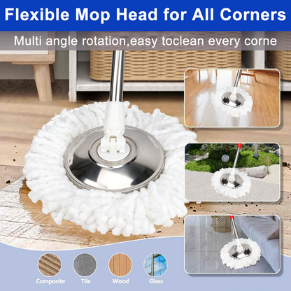 Spin Mop Replacement Handle,47 inch 360°Rotating Telescopic Replacement Mop Stick with 1 Stainless Steel Disc Base - 3 Microfiber Mop Replacement Heads,Suitable for Floors,Walls,Outdoor Areas