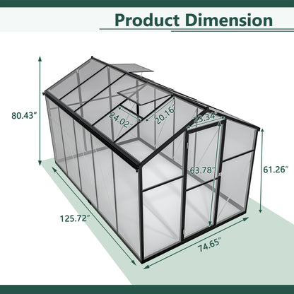 6'x10' Outdoor Greenhouse Walk in Polycarbonate Greenhouse Aluminum Plant Patio Grow House Garden Shed Kit with Lockable Hinged Door and 2 Adjustable Vent Window, Black