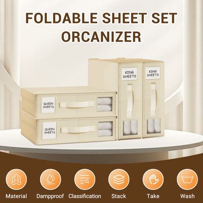 SPORTS JOY 4Pack Bed Sheet Organizer and Storage, Foldable Linen Closet Organizer and Storage with Window, Sheet Storage Organizer for Bedsheets, Blankets and Towel, Duvet Covers (Beige)