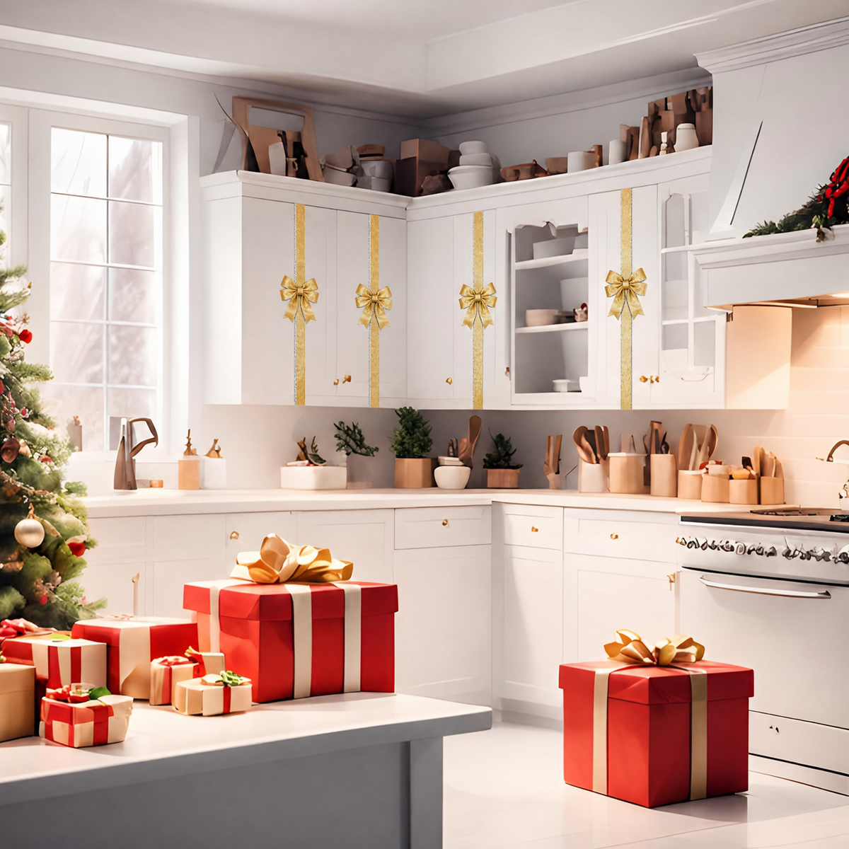 PUCACHI 6 Pcs Christmas Cabinet Door Bows,8x40 Inches Festive Ribbons Large Door Ribbon Party Decorations,for Cabinets Furniture and Kitchen Christmas Party Decorations（Gold）