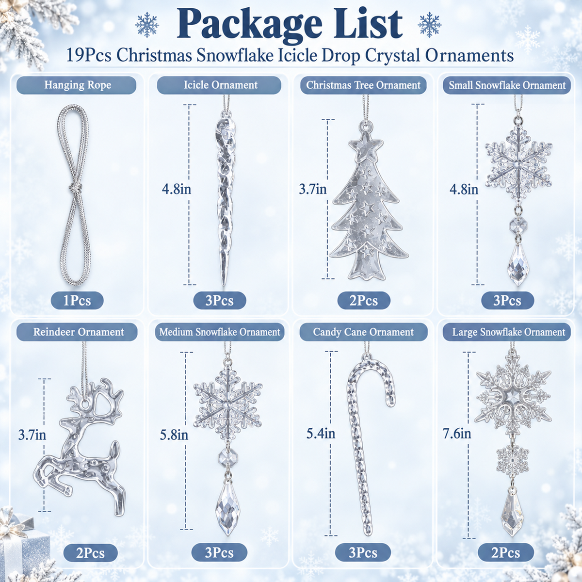 Christmas Decoration Crystal Ornaments, 18Pcs Acrylic Hanging Ornaments, Snowflake Icicle Drop Shaped Decorations for Christmas Tree, Winter Holiday Party
