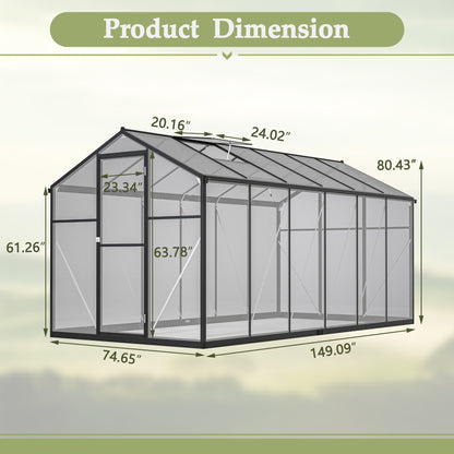 6x12 FT Thicked Polycarbonate Greenhouse, Greenhouse with Double Flush Door, Rain Gutter and Ventilation Window, Green House for Sunroom, Garden, Backyard, Walk-in Large Winter Greenhouse