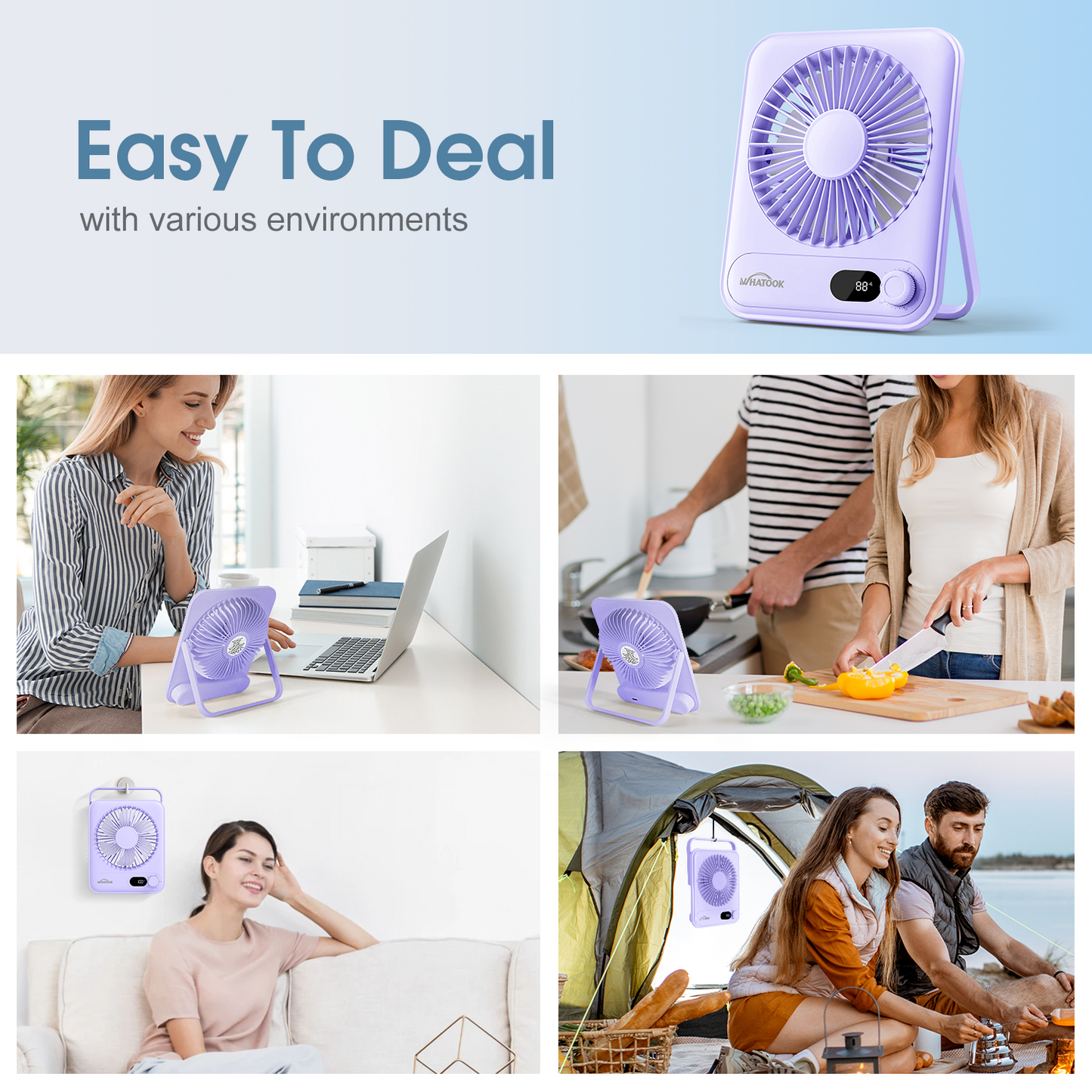 Desk Fan Rechargeable Portable Fan, 2000mAh 10 Hours Battery Operated Personal Silent Table Fan, 100 Speeds Desktop Fan for Bedroom Home Office Outdoor, Purple