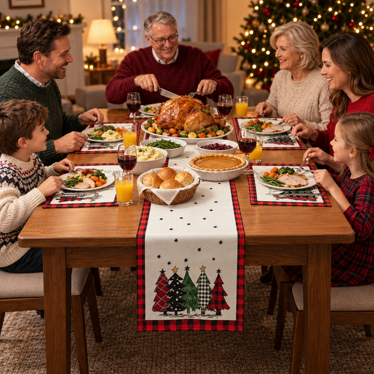 Christmas Placemat Set, 7 Pcs Christmas Table Decor, 6 Placemats with 1 Table Runner, Christmas Tree Pattern, Washable Xmas Kitchen Dining Table Decoration for Holiday Party