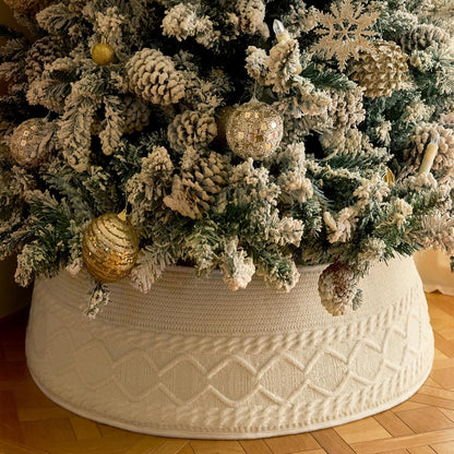 PUCACHI 24in Christmas Tree Collar,Knit White Rustic Farmhous Christmas Tree Ring,Adjustable Christmas Tree Base Cover for 6-7.5 Ft Artificial Trees