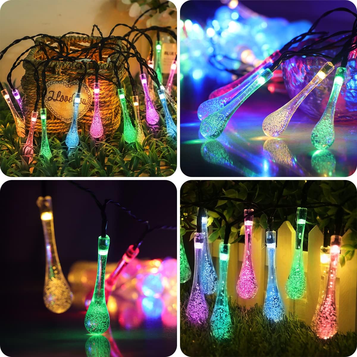 WHATOOK Solar water droplet string light, 16.4 feet 20 LED Solar string Lights Outdoor,Waterproof Solar Garden Light for Garden, Patio, Yard, Home, Parties with 8 modes , Multi Color