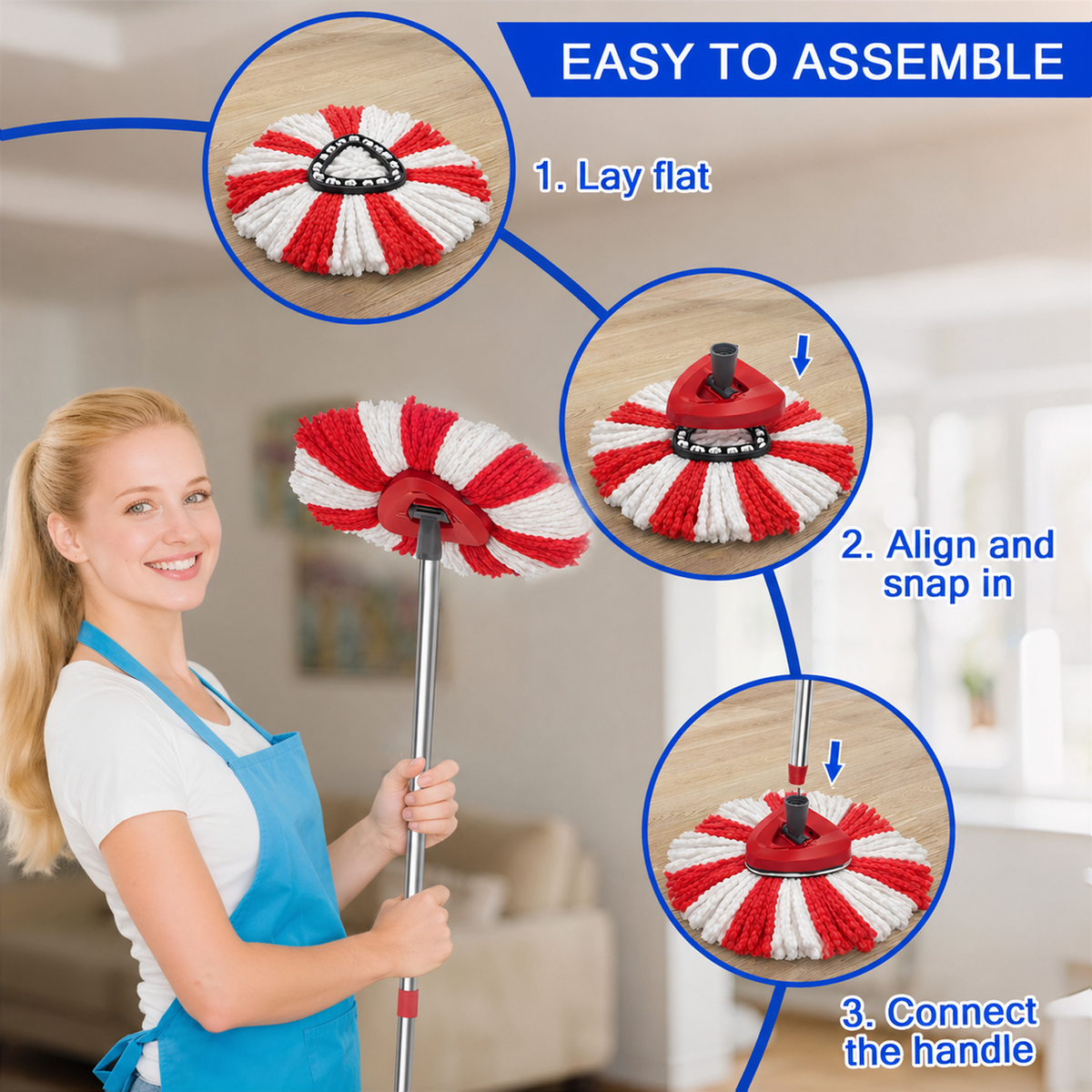 Merryhome Spin Mop Accessory,Spin Mop Replacement Heads 4 Pack with 1 Triangle Base and 58 inches Long Handle,Machine Washable
