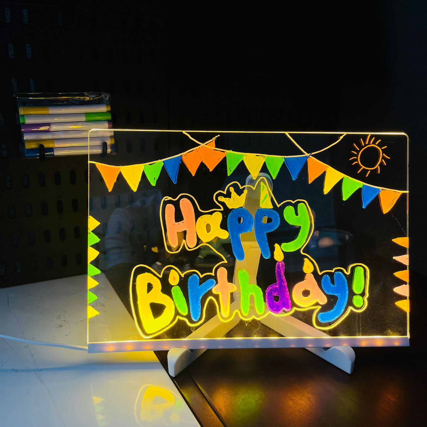Acrylic Dry Erase Board with Light 7.9 X 11.8in Light up Dry Erase Board with Stand as a Glow Memo LED Letter Message Board led Note Board White Board with 7 Color Pen for Office School Home