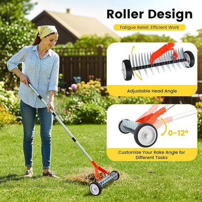 Merryhome Thatch Rake with Wheels,37-65.35'' Adjustable Dethatching Roller Rake,Adjustable 0-12° Angle Stainless Steel Blades Heavy Duty Dethatcher,21 Tines Garden Rake for Moss,Grass,Leaves,Debris(Orange)